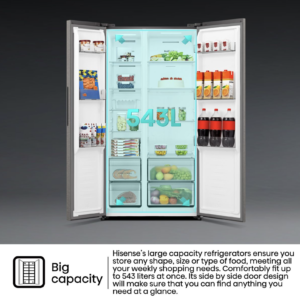 Hisense 543L Frost Free Side-by-Side Fridge Freezer